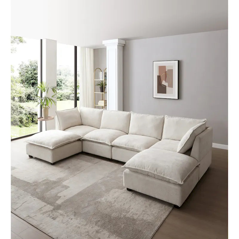 Divano componibile modulare a 6 posti a forma di U personalizzabile beige 130 con pouf convertibile e opzioni di montaggio versatili