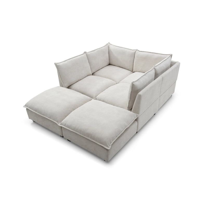 Divano componibile modulare a 6 posti a forma di U personalizzabile beige 130 con pouf convertibile e opzioni di montaggio versatili