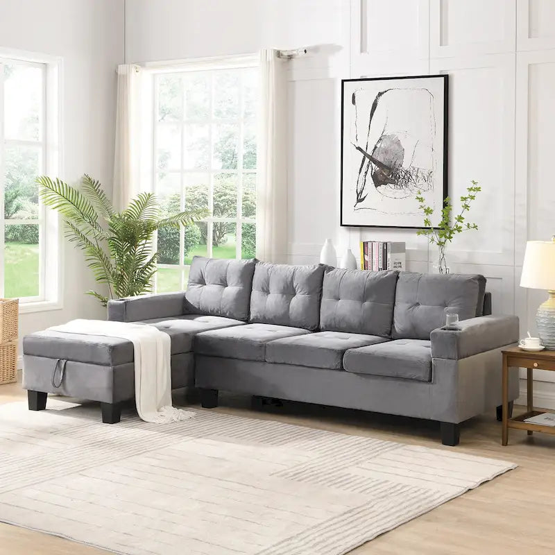 Divano a 4 posti moderno grigio 97,8 con chaise longue contenitore
