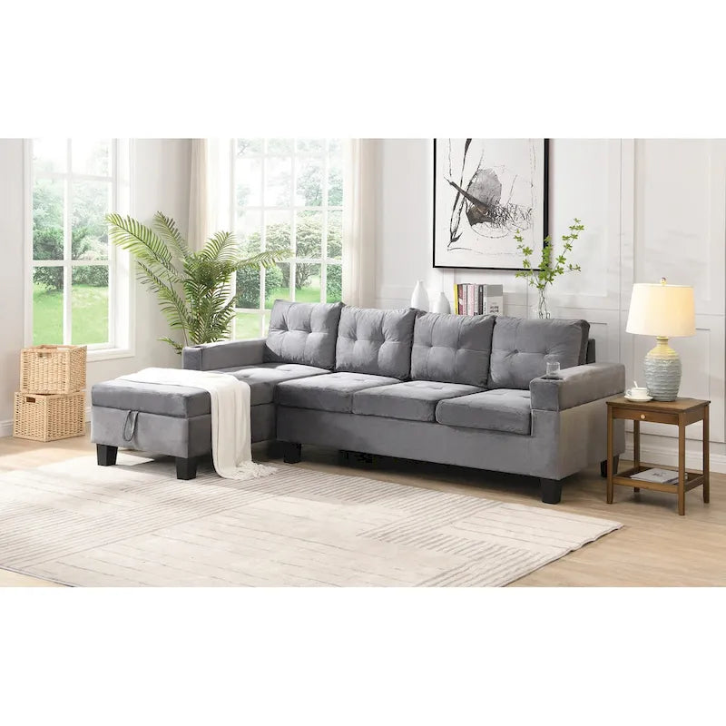 Divano a 4 posti moderno grigio 97,8 con chaise longue contenitore