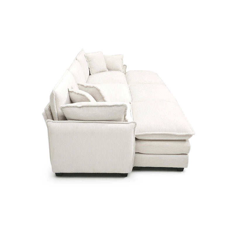 Canapé d'angle modulable convertible 6 places en velours côtelé beige avec 3 poufs et 5 oreillers