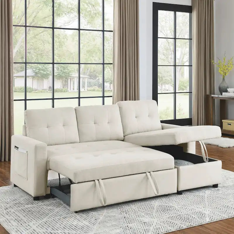 Divano componibile letto a 3 posti reversibile Beige 78.5 con chaise longue contenitore, letto estraibile e tasca laterale