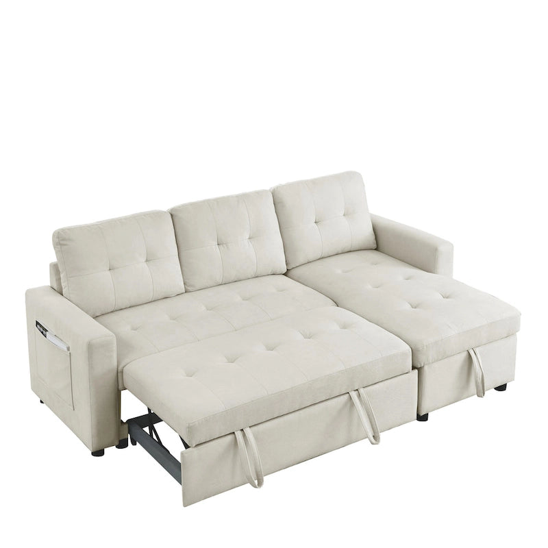 Divano componibile letto a 3 posti reversibile Beige 78.5 con chaise longue contenitore, letto estraibile e tasca laterale