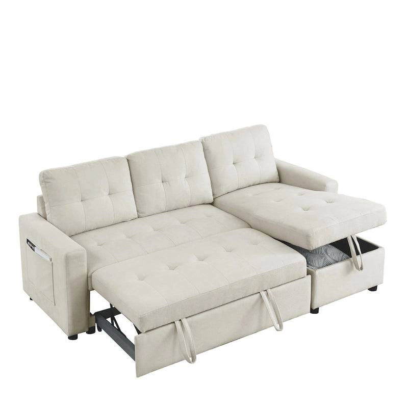Divano componibile letto a 3 posti reversibile Beige 78.5 con chaise longue contenitore, letto estraibile e tasca laterale