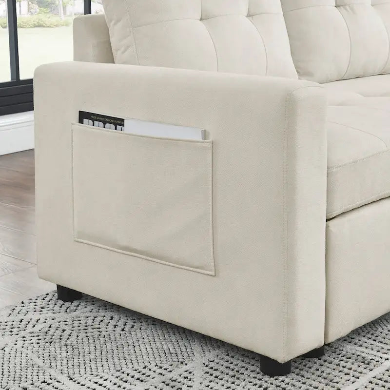 Divano componibile letto a 3 posti reversibile Beige 78.5 con chaise longue contenitore, letto estraibile e tasca laterale
