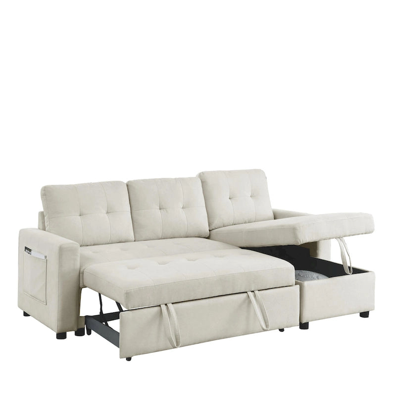Divano componibile letto a 3 posti reversibile Beige 78.5 con chaise longue contenitore, letto estraibile e tasca laterale