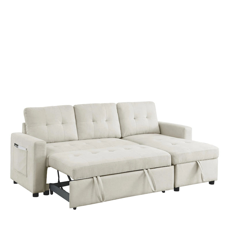 Divano componibile letto a 3 posti reversibile Beige 78.5 con chaise longue contenitore, letto estraibile e tasca laterale