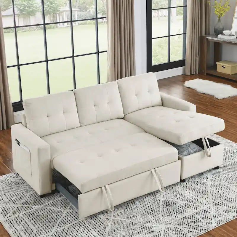 Divano componibile letto a 3 posti reversibile Beige 78.5 con chaise longue contenitore, letto estraibile e tasca laterale