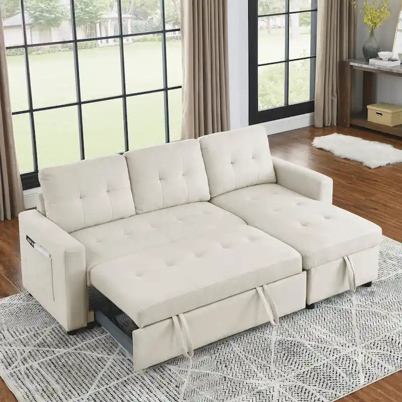 Divano componibile letto a 3 posti reversibile Beige 78.5 con chaise longue contenitore, letto estraibile e tasca laterale