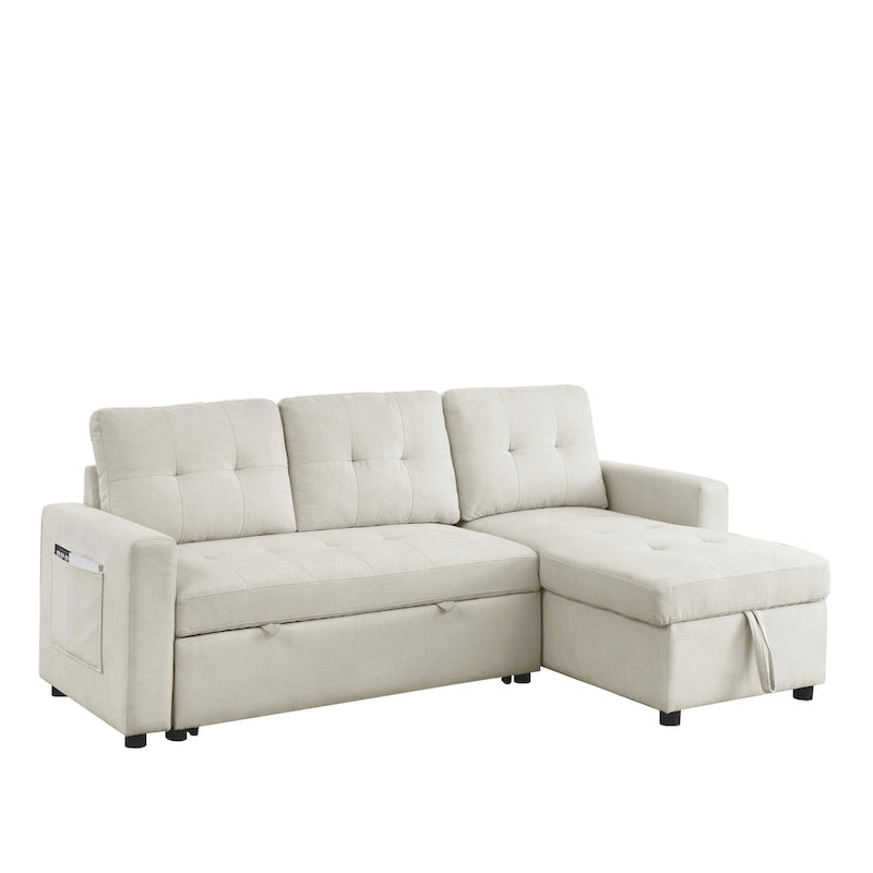 Divano componibile letto a 3 posti reversibile Beige 78.5 con chaise longue contenitore, letto estraibile e tasca laterale