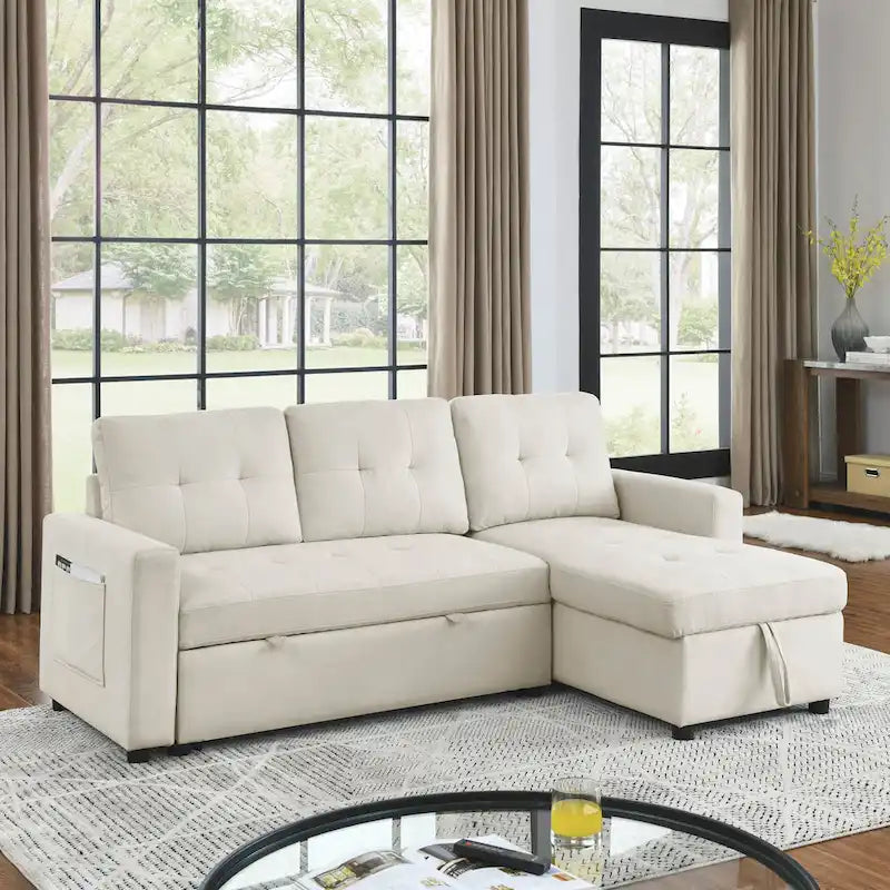 Divano componibile letto a 3 posti reversibile Beige 78.5 con chaise longue contenitore, letto estraibile e tasca laterale