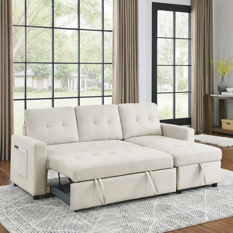 Divano componibile letto a 3 posti reversibile Beige 78.5 con chaise longue contenitore, letto estraibile e tasca laterale