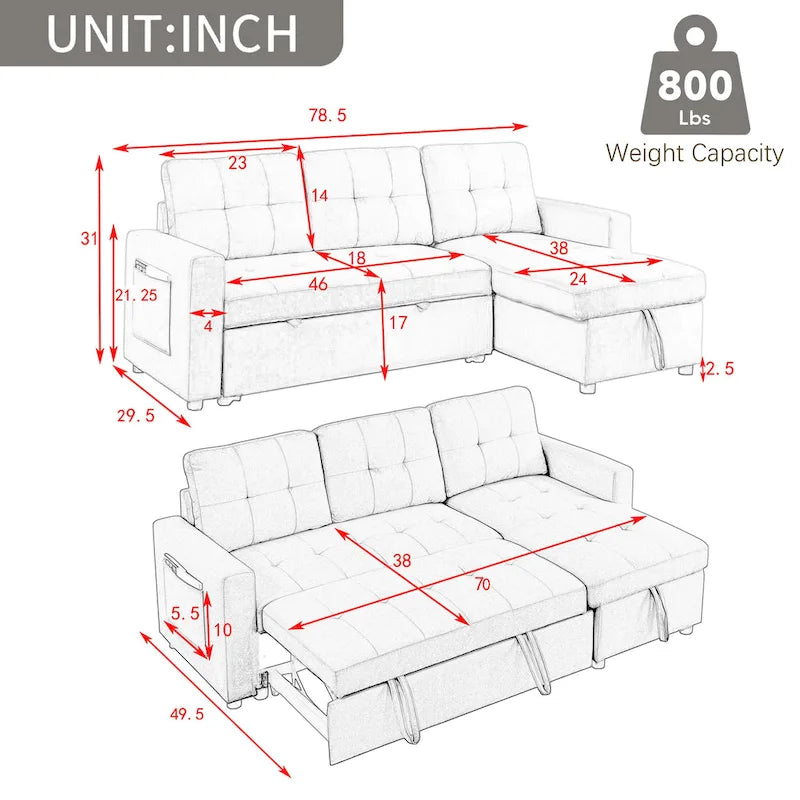 Divano componibile letto a 3 posti reversibile Beige 78.5 con chaise longue contenitore, letto estraibile e tasca laterale