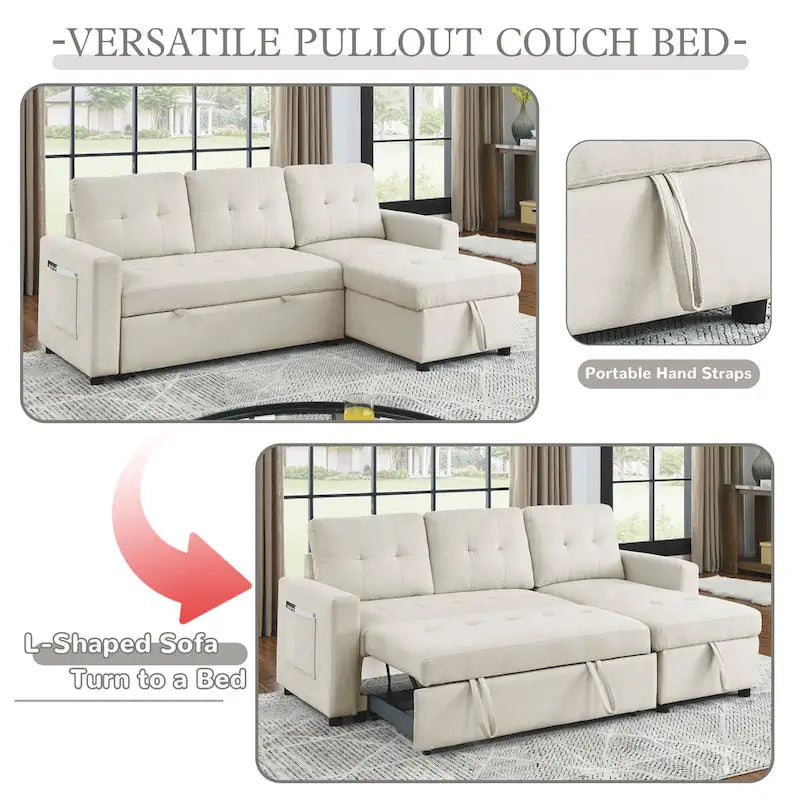 Divano componibile letto a 3 posti reversibile Beige 78.5 con chaise longue contenitore, letto estraibile e tasca laterale