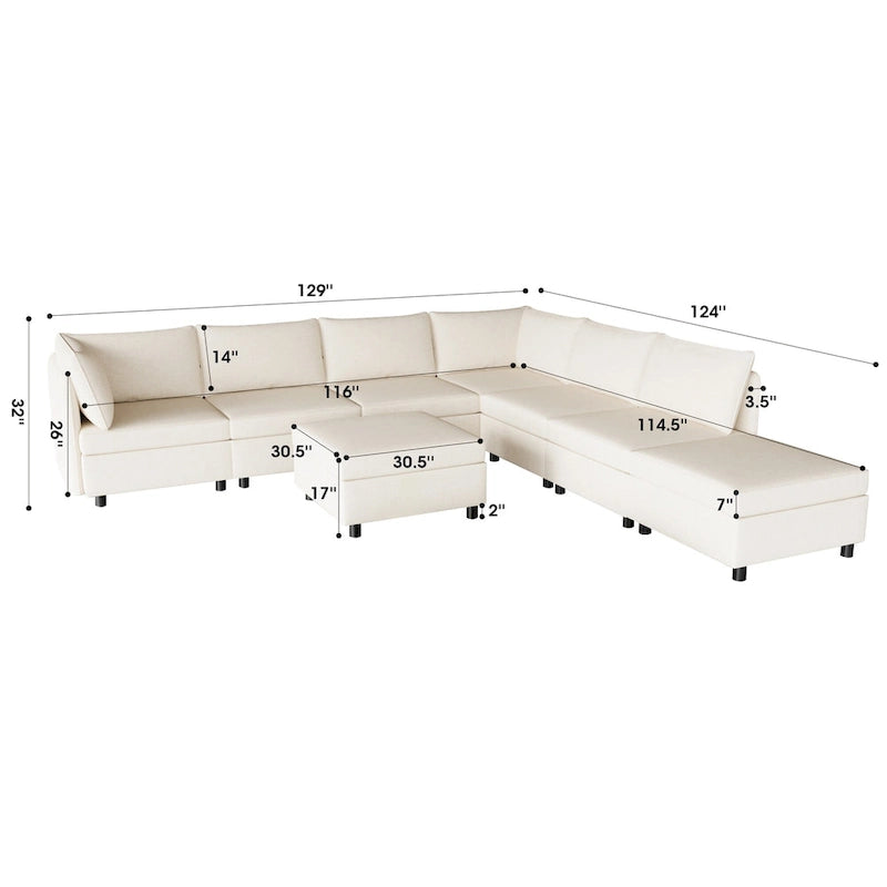 Divano modulare 8 posti trasformabile beige 129 con contenitore