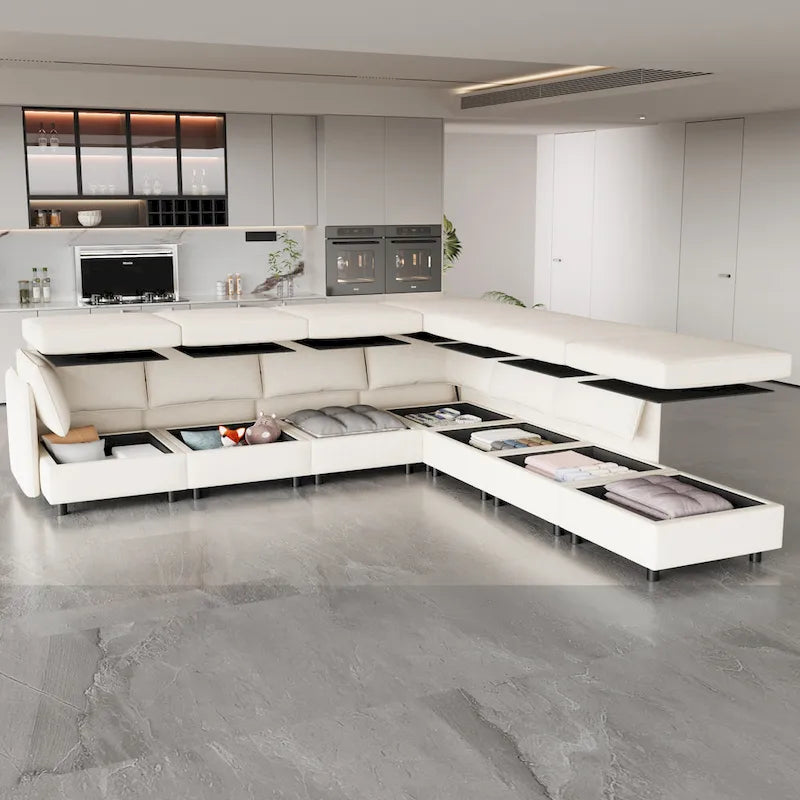 Divano modulare 8 posti trasformabile beige 129 con contenitore