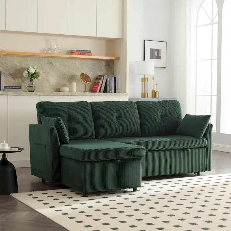 Canapé modulable en velours doux vert 81,1 L, 3 places, avec méridienne réversible et rangement, convertible pour salon