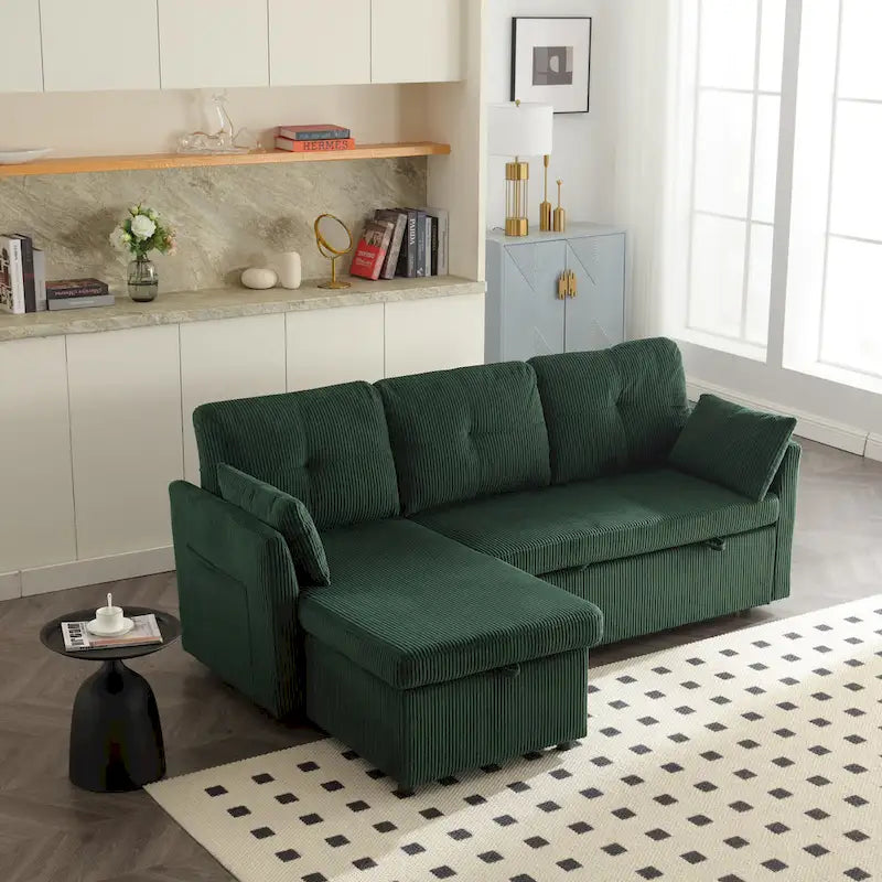 Canapé modulable en velours doux vert 81,1 L, 3 places, avec méridienne réversible et rangement, convertible pour salon