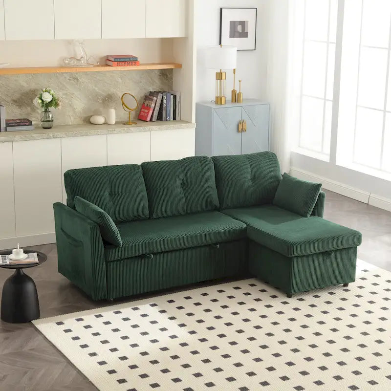 Canapé modulable en velours doux vert 81,1 L, 3 places, avec méridienne réversible et rangement, convertible pour salon