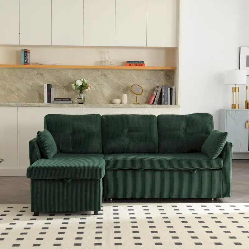 Canapé modulable en velours doux vert 81,1 L, 3 places, avec méridienne réversible et rangement, convertible pour salon