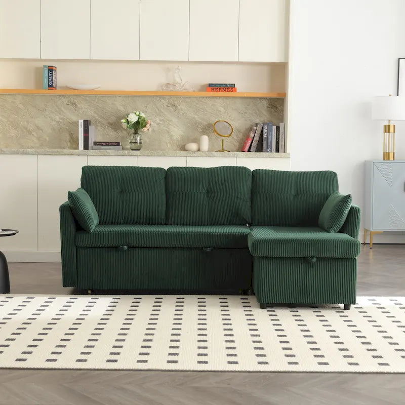 Canapé modulable en velours doux vert 81,1 L, 3 places, avec méridienne réversible et rangement, convertible pour salon