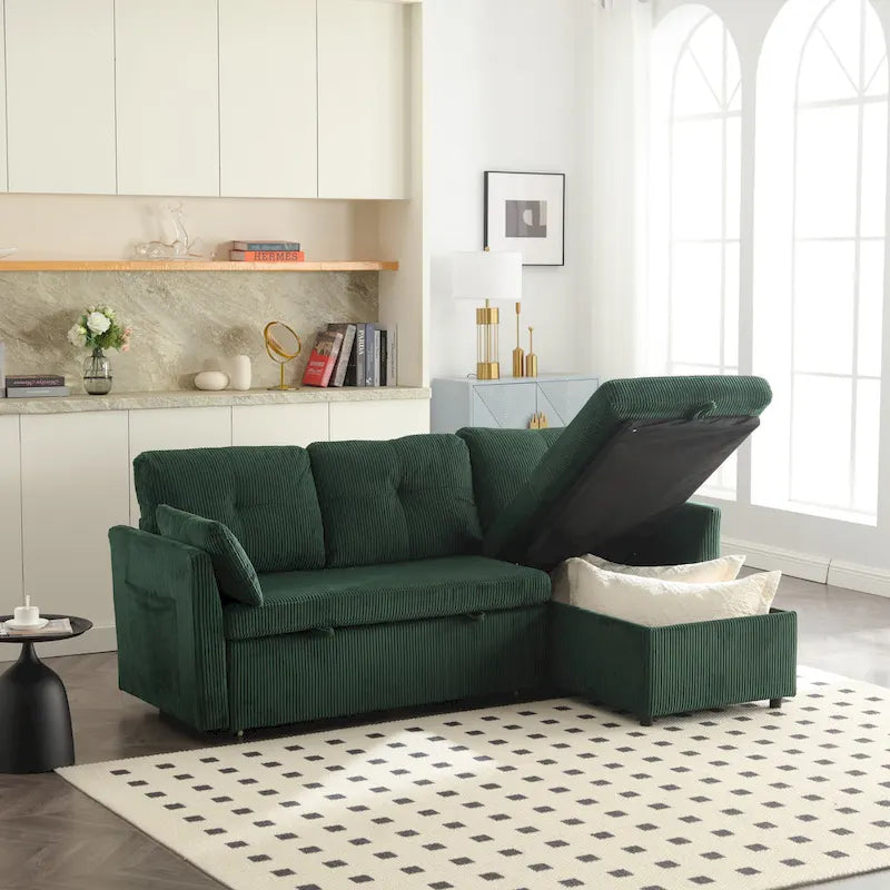 Canapé modulable en velours doux vert 81,1 L, 3 places, avec méridienne réversible et rangement, convertible pour salon
