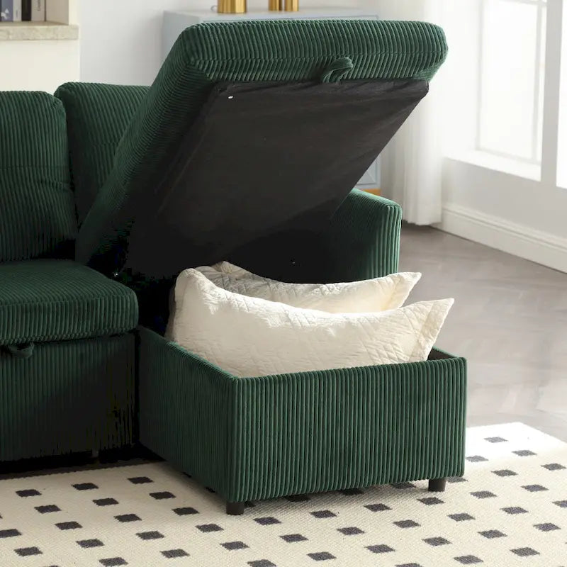 Canapé modulable en velours doux vert 81,1 L, 3 places, avec méridienne réversible et rangement, convertible pour salon