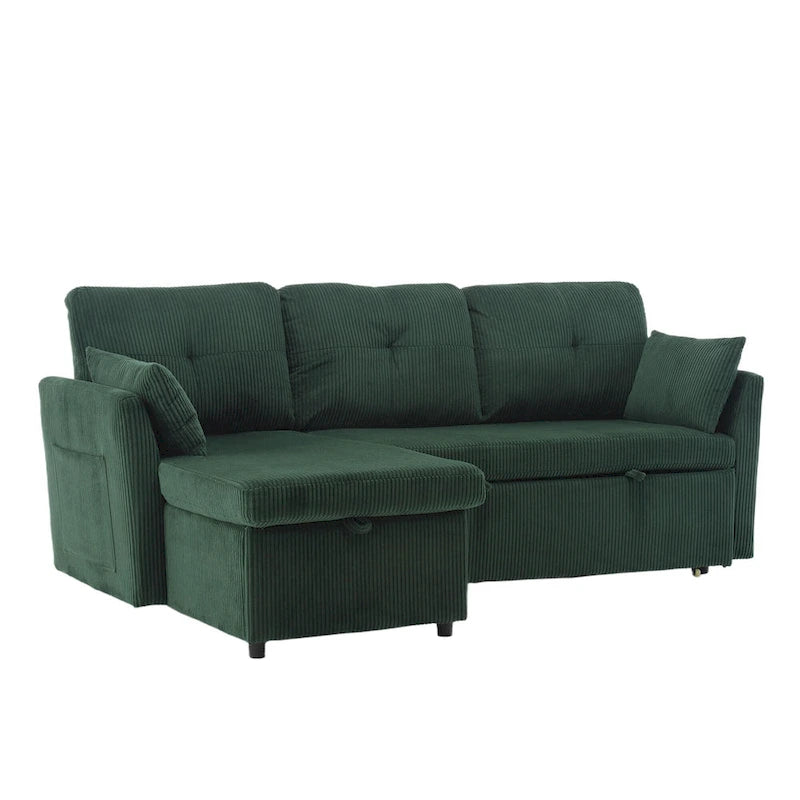 Canapé modulable en velours doux vert 81,1 L, 3 places, avec méridienne réversible et rangement, convertible pour salon