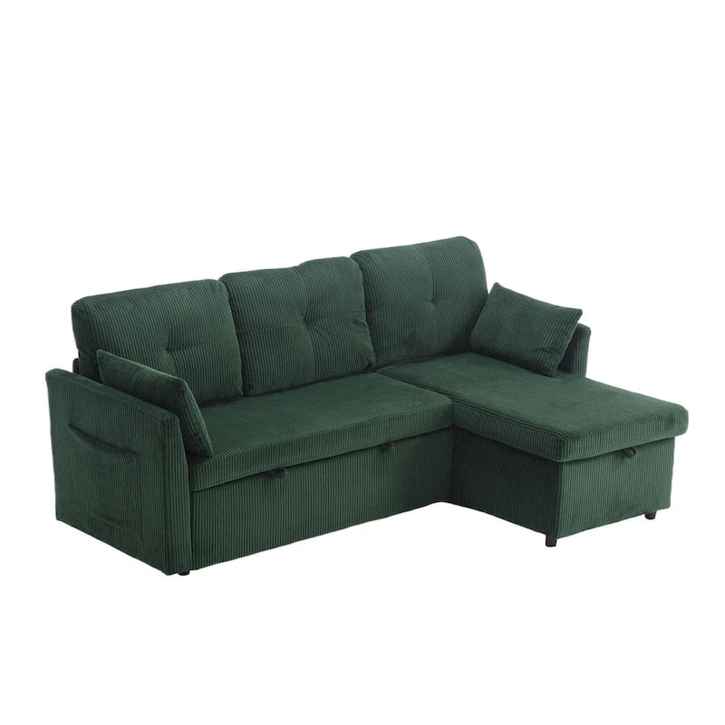 Canapé modulable en velours doux vert 81,1 L, 3 places, avec méridienne réversible et rangement, convertible pour salon