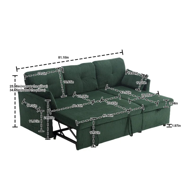Canapé modulable en velours doux vert 81,1 L, 3 places, avec méridienne réversible et rangement, convertible pour salon