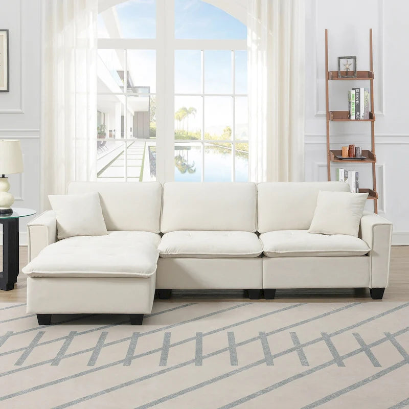 Canapé d'angle convertible en L 4 places avec pouf amovible et coussins assortis, revêtement en velours suédine