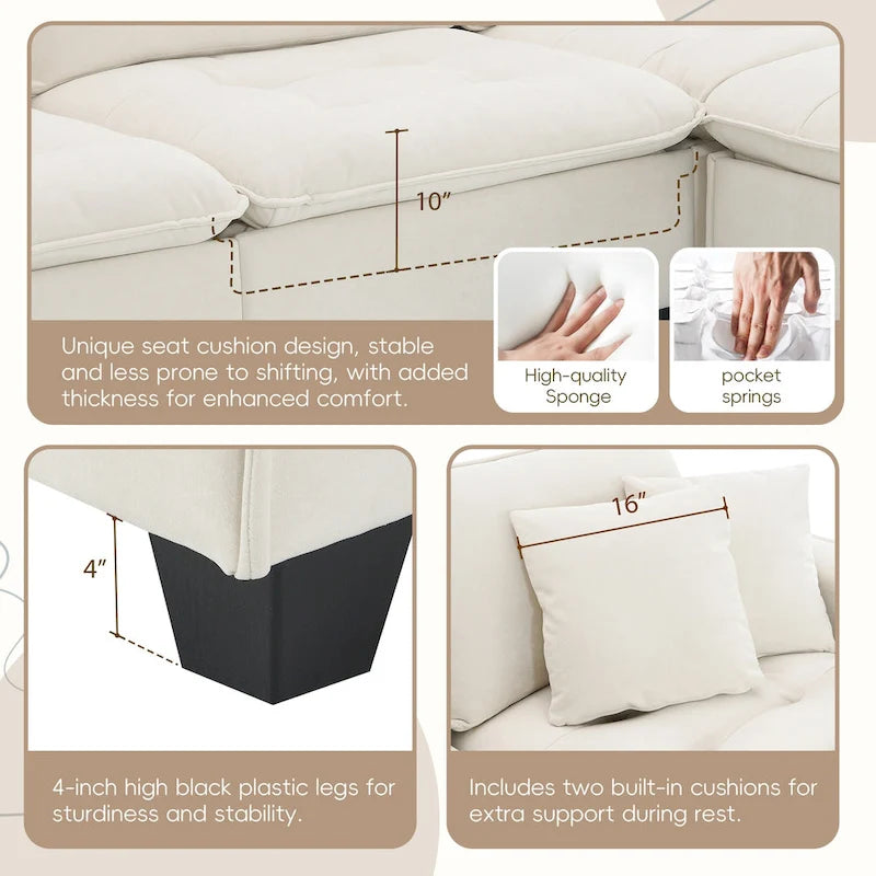 Canapé d'angle convertible en L 4 places avec pouf amovible et coussins assortis, revêtement en velours suédine