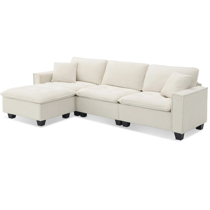 Canapé d'angle convertible en L 4 places avec pouf amovible et coussins assortis, revêtement en velours suédine