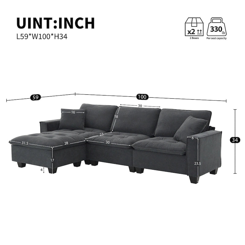 Canapé d'angle convertible en L 4 places avec pouf amovible et coussins assortis, revêtement en velours suédine