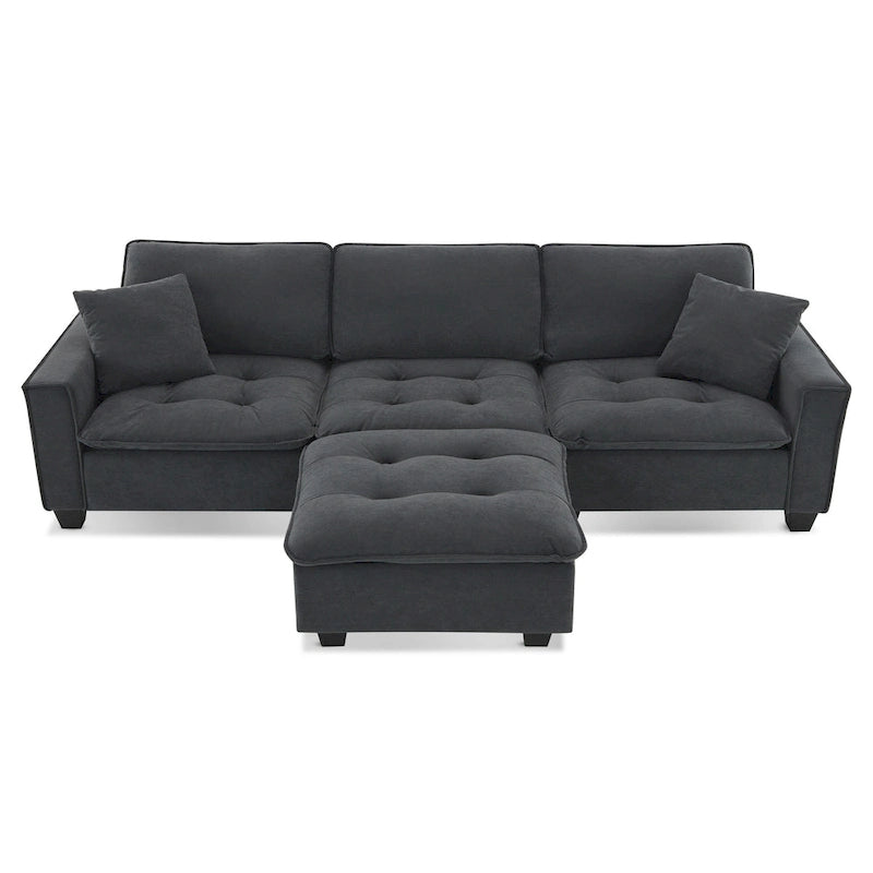 Canapé d'angle convertible en L 4 places avec pouf amovible et coussins assortis, revêtement en velours suédine