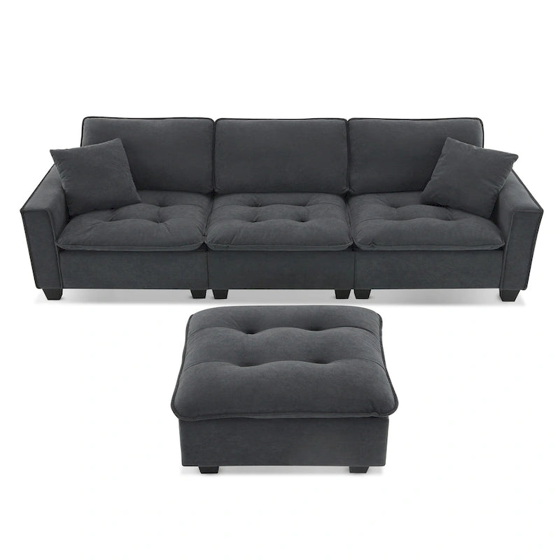 Canapé d'angle convertible en L 4 places avec pouf amovible et coussins assortis, revêtement en velours suédine