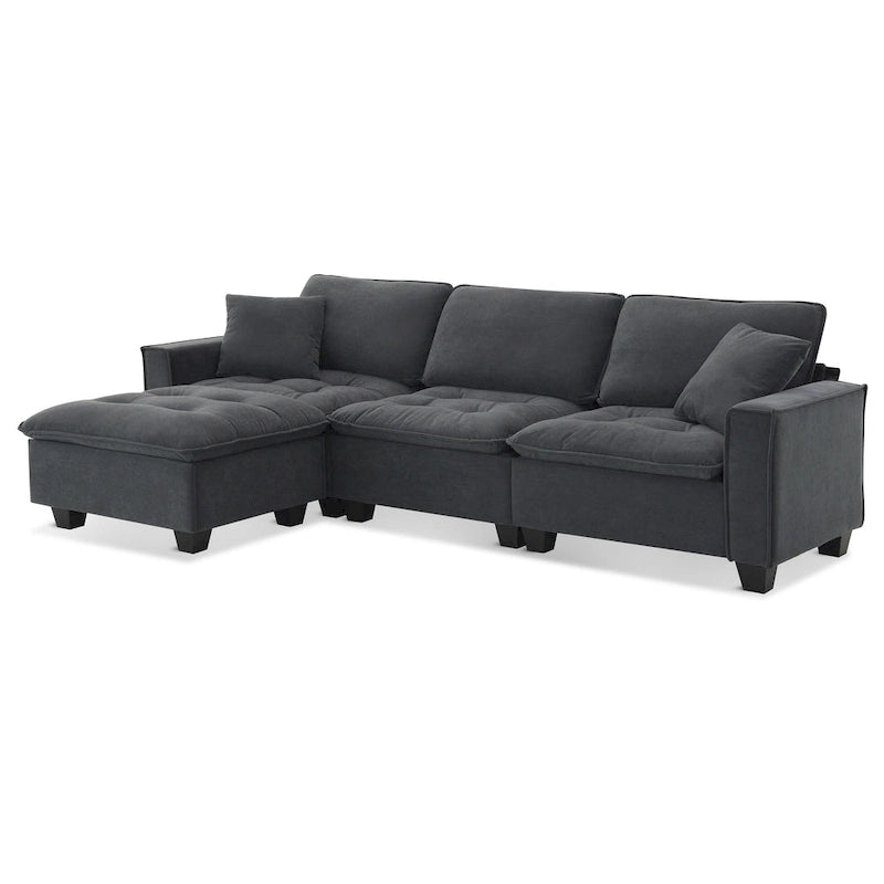 Canapé d'angle convertible en L 4 places avec pouf amovible et coussins assortis, revêtement en velours suédine