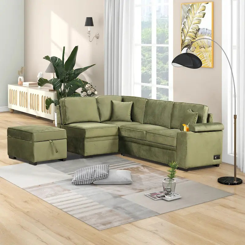 Divano sezionale a L a 5 posti da 84,75 pollici con pouf contenitore, divano letto estraibile 2 in 1 per soggiorno