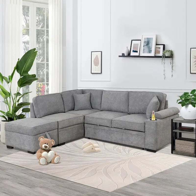 84.75 L-Shaped 5 Seater Sectional Sofa with Storage Ottoman, 2-in-1 Pull-Out Couch for Living Room