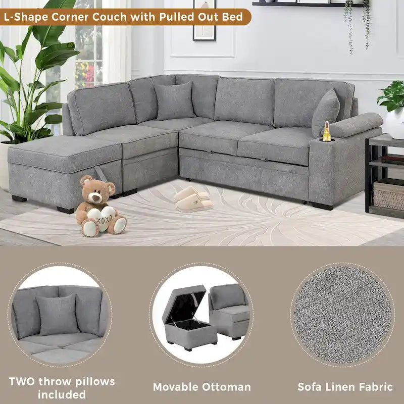 Divano sezionale a L a 5 posti da 84,75 pollici con pouf contenitore, divano letto estraibile 2 in 1 per soggiorno