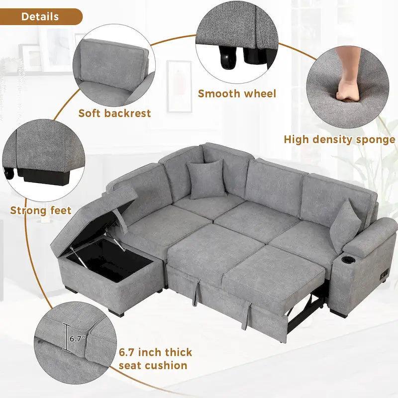Divano sezionale a L a 5 posti da 84,75 pollici con pouf contenitore, divano letto estraibile 2 in 1 per soggiorno