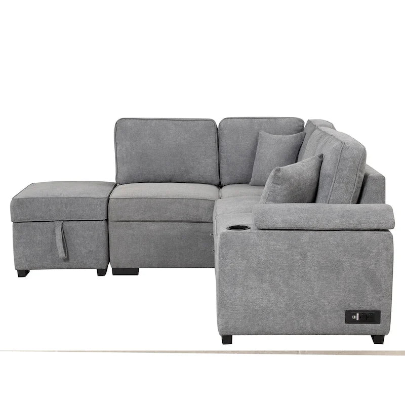 Divano sezionale a L a 5 posti da 84,75 pollici con pouf contenitore, divano letto estraibile 2 in 1 per soggiorno