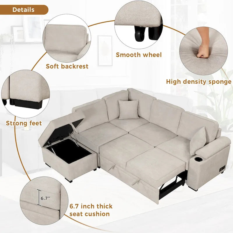 Divano sezionale a L a 5 posti da 84,75 pollici con pouf contenitore, divano letto estraibile 2 in 1 per soggiorno