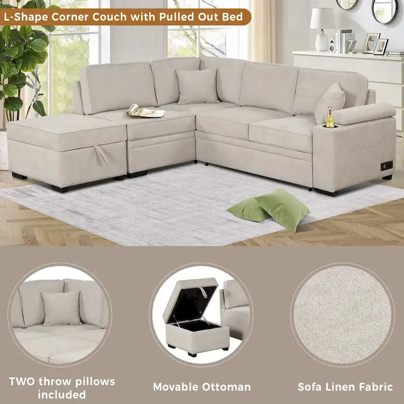 Divano sezionale a L a 5 posti da 84,75 pollici con pouf contenitore, divano letto estraibile 2 in 1 per soggiorno