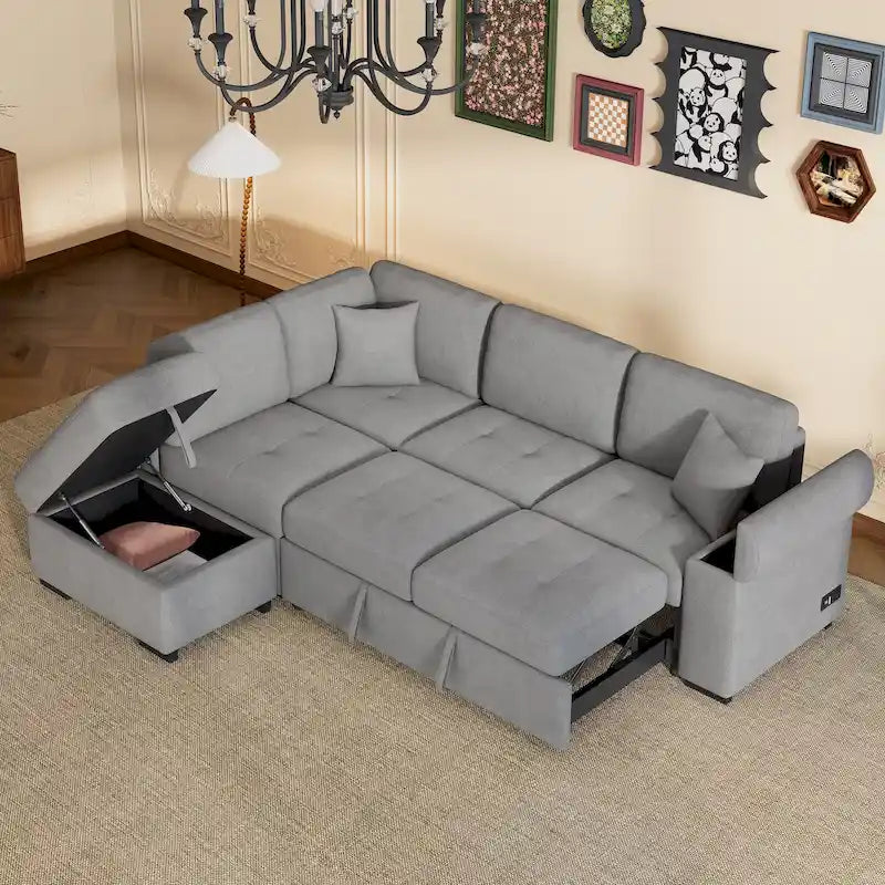Divano angolare a 5 posti da 84,75" con letto estraibile, pouf contenitore, vano portaoggetti nascosto nel bracciolo e ricarica USB