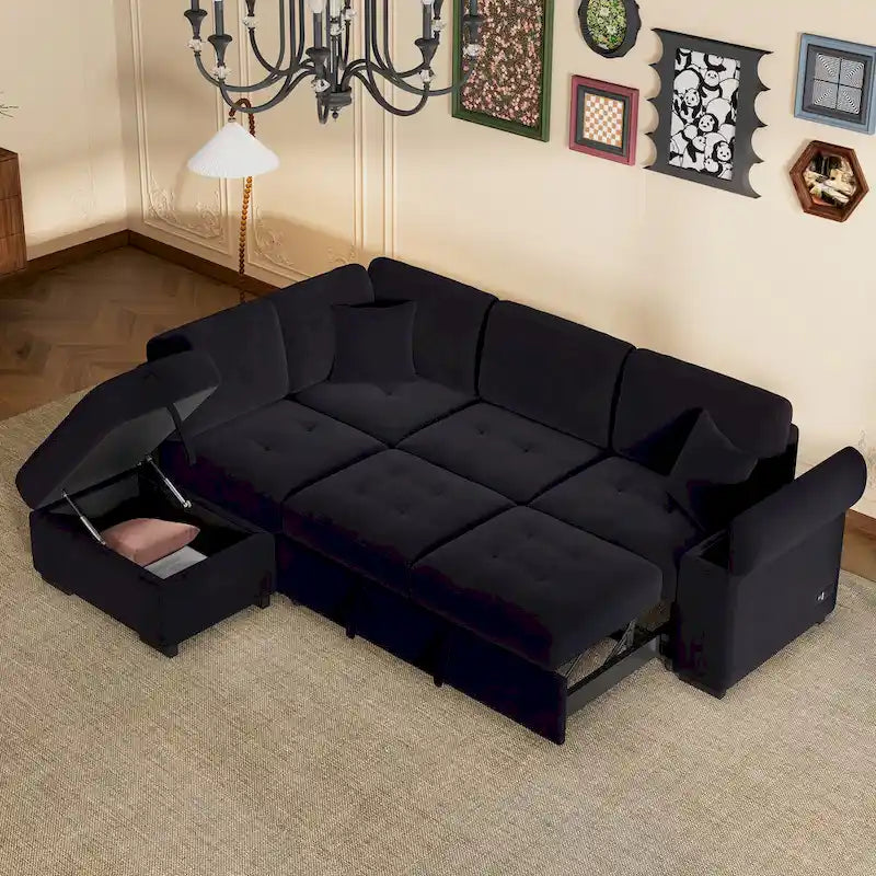 84.75 L-Shape 5 Seat Sectional Sofa with Pull-Out Bed, Storage Ottoman, Hidden Arm Storage & USB Charging
