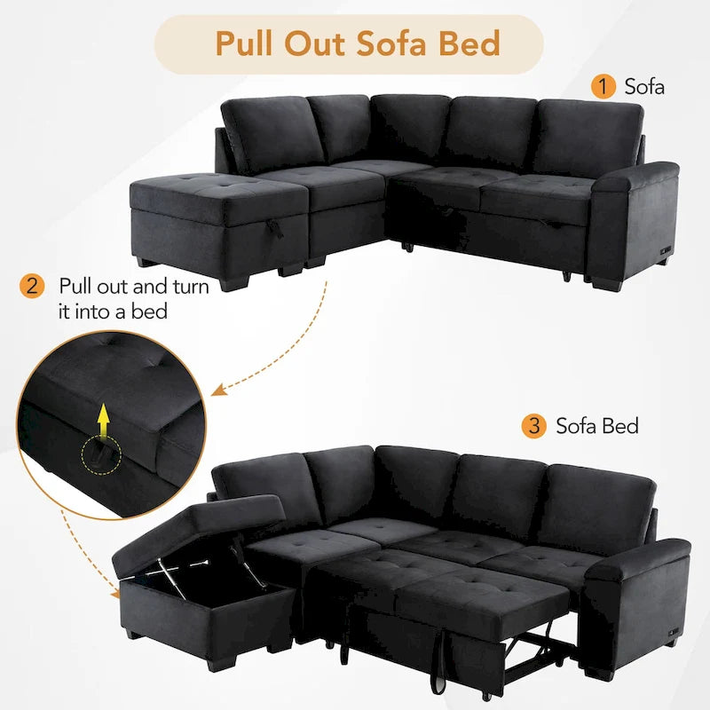 Divano angolare a 5 posti da 84,75" con letto estraibile, pouf contenitore, vano portaoggetti nascosto nel bracciolo e ricarica USB