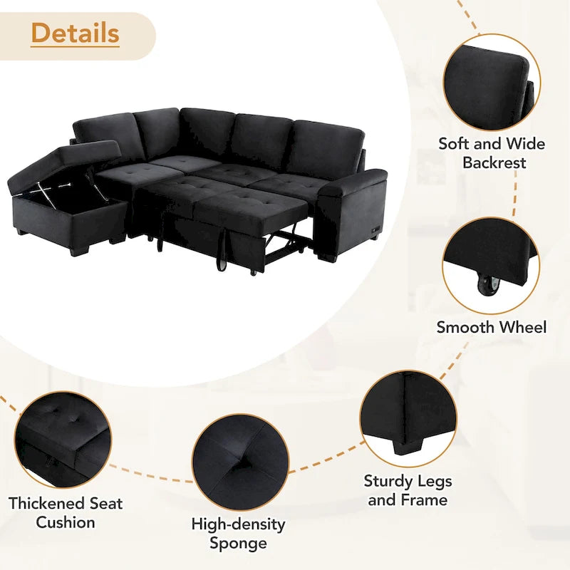 Divano angolare a 5 posti da 84,75" con letto estraibile, pouf contenitore, vano portaoggetti nascosto nel bracciolo e ricarica USB