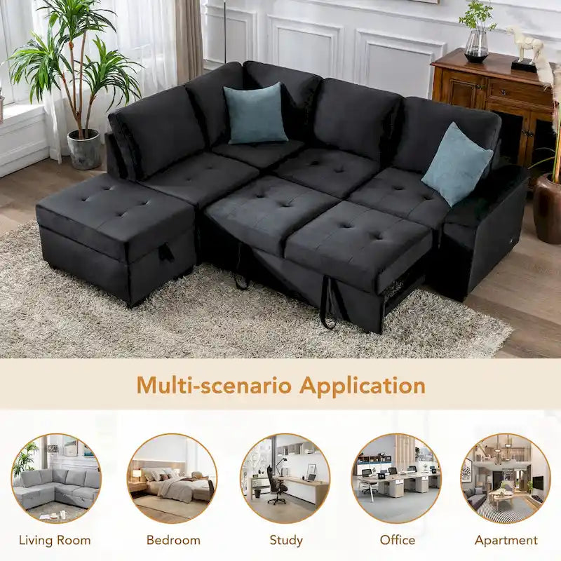 Divano angolare a 5 posti da 84,75" con letto estraibile, pouf contenitore, vano portaoggetti nascosto nel bracciolo e ricarica USB