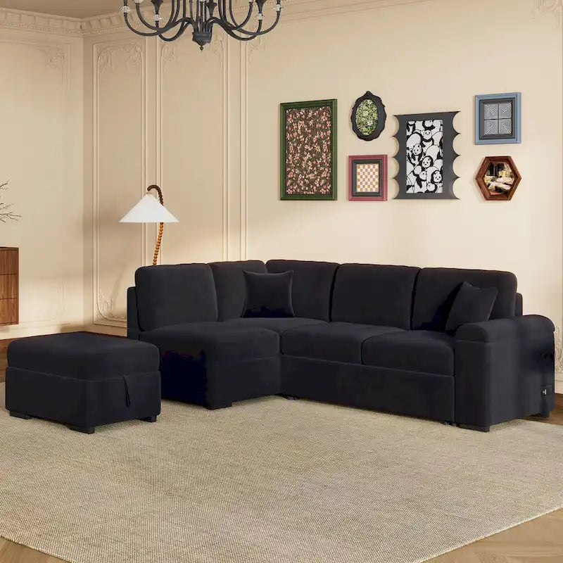 Divano angolare a 5 posti da 84,75" con letto estraibile, pouf contenitore, vano portaoggetti nascosto nel bracciolo e ricarica USB